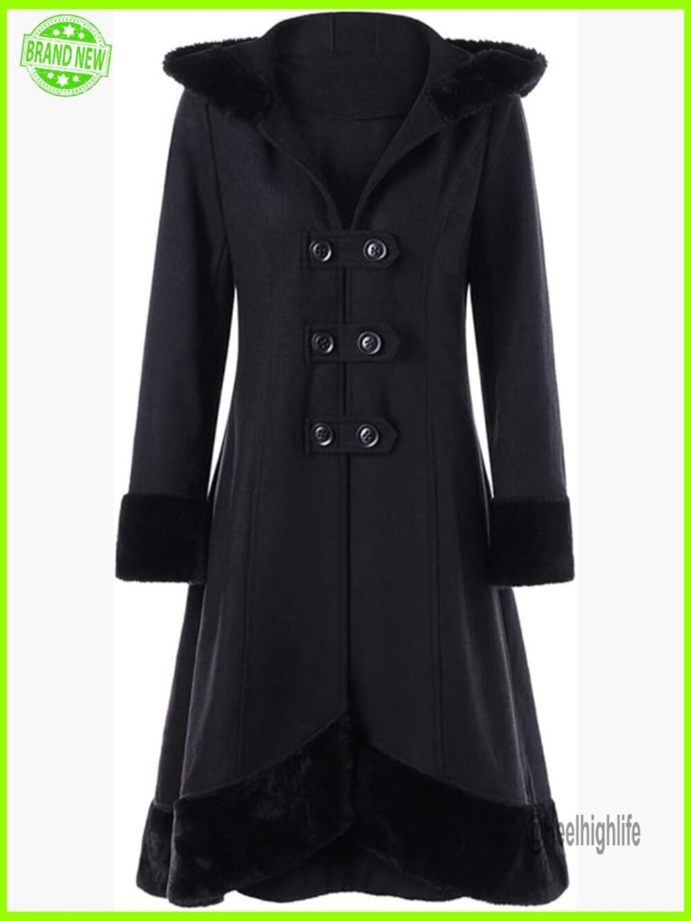 Vintage Wool Blend Faux Fur Hooded Double-Breasted Pea Coat Swing Trench